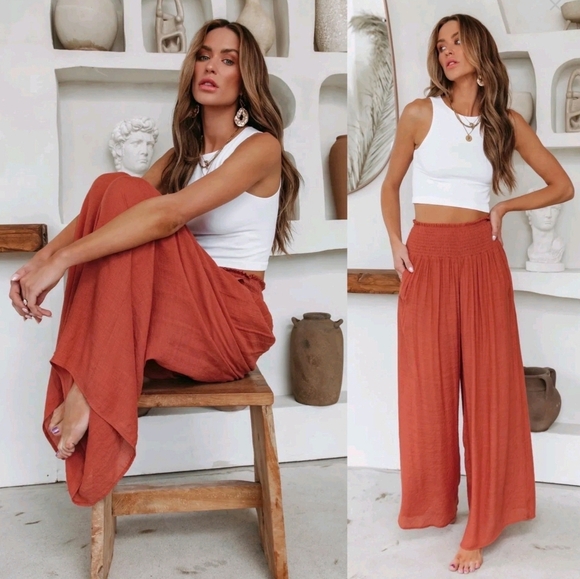 Pants - Terracotta Smocked Waist Wide Leg Lounge Bohemian Pant